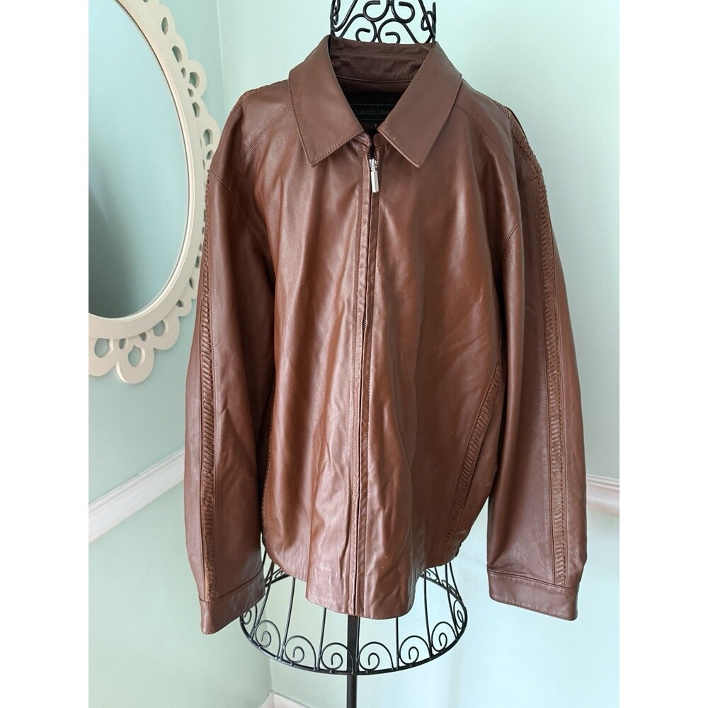 Vtg Claude Lamont Lightweight 100% Brown Leather Zip Jacket Coat Large Braided‎